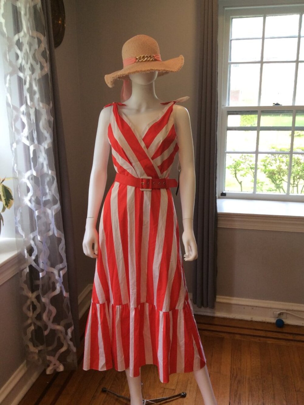 Adrianna Papell Red White Stripe Maxi Dress Belted Summer Dress